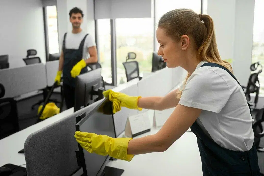 Royal Clean Solutions cleaner servicing a bright open-plan office in Denver